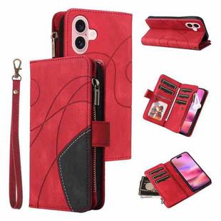 For iPhone 16 Dual-color 9 Card Slots Zipper Wallet Leather Phone Case(Red)