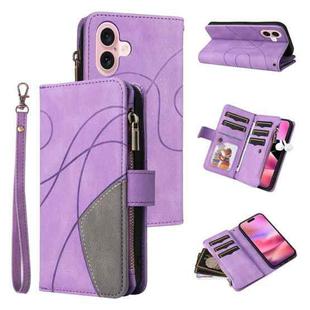 For iPhone 16 Dual-color 9 Card Slots Zipper Wallet Leather Phone Case(Purple)