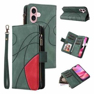 For iPhone 16 Dual-color 9 Card Slots Zipper Wallet Leather Phone Case(Green)