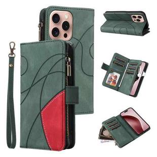 For iPhone 16 Pro Dual-color 9 Card Slots Zipper Wallet Leather Phone Case(Green)