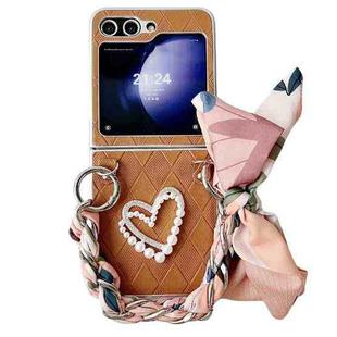 For Samsung Galaxy Z Flip6 Diamond Square 3D Heart Pattern Full Coverage Phone Case with Scarf / Bracelet(Brown)