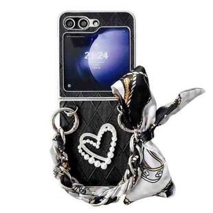 For Samsung Galaxy Z Flip5 Diamond Square 3D Heart Pattern Full Coverage Phone Case with Scarf / Bracelet(Black)