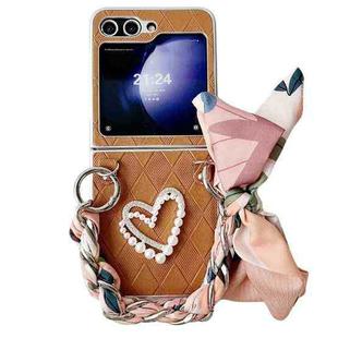 For Samsung Galaxy Z Flip5 Diamond Square 3D Heart Pattern Full Coverage Phone Case with Scarf / Bracelet(Brown)