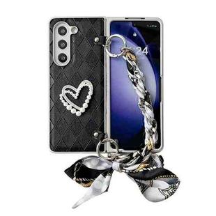 For Samsung Galaxy Z Fold4 Diamond Square 3D Heart Pattern Full Coverage Phone Case with Scarf / Bracelet(Black)