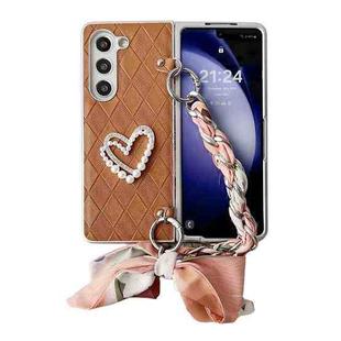 For Samsung Galaxy Z Fold5 Diamond Square 3D Heart Pattern Full Coverage Phone Case with Scarf / Bracelet(Brown)