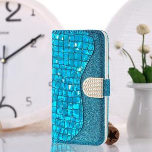 For iPhone 12 / 12 Pro Laser Glitter Powder Matching Crocodile Texture Horizontal Flip Leather Case with Card Slots & Holder & Wallet(Blue)