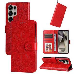 For Samsung Galaxy S25 Ultra 5G Embossed Sunflower Leather Phone Case(Red)