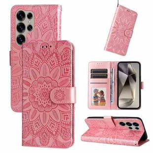 For Samsung Galaxy S25 Ultra 5G Embossed Sunflower Leather Phone Case(Rose Gold)
