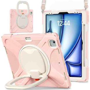 For iPad Air 13 2024 Silicone Hybrid PC Tablet Case with Holder & Shoulder Strap(Cherry Blossom Pink)