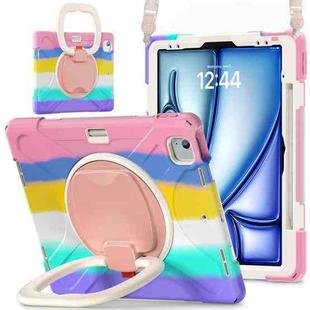 For iPad Air 13 2024 Silicone Hybrid PC Tablet Case with Holder & Shoulder Strap(Colorful Pink)