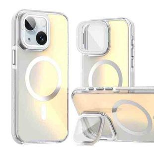 For iPhone 14 Plus MagSafe Gradient Color Lens Film Phone Case with Lens Fold Holder(White)