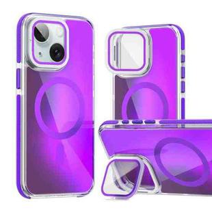 For iPhone 15 MagSafe Gradient Color Lens Film Phone Case with Lens Fold Holder(Purple)