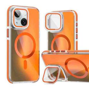 For iPhone 15 Plus MagSafe Gradient Color Lens Film Phone Case with Lens Fold Holder(Orange)