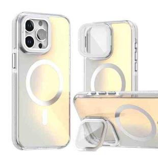 For iPhone 15 Pro MagSafe Gradient Color Lens Film Phone Case with Lens Fold Holder(White)