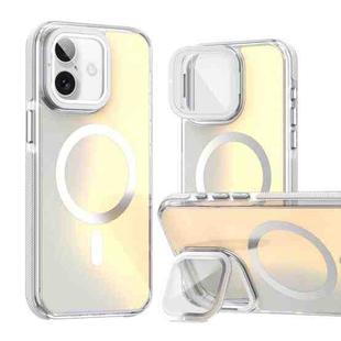 For iPhone 16 Plus MagSafe Gradient Color Lens Film Phone Case with Lens Fold Holder(White)