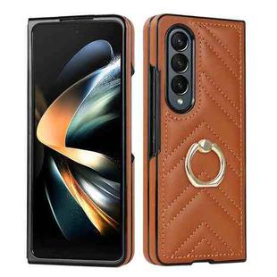 For Samsung Galaxy Z Fold4 V-shaped Folding Phone Case with Rotating Ring(Brown)