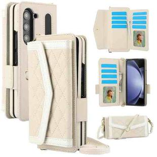 For Samsung Galaxy Z Fold6 Splicing Rhombic Texture Card Holder Phone Case with Lanyard, Not Included Pen(Beige)