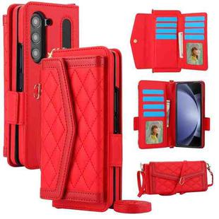 For Samsung Galaxy Z Fold6 Splicing Rhombic Texture Card Holder Phone Case with Lanyard, Not Included Pen(Red)