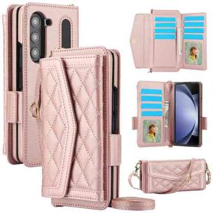 For Samsung Galaxy Z Fold6 Splicing Rhombic Texture Card Holder Phone Case with Lanyard, Not Included Pen(Rose Gold)