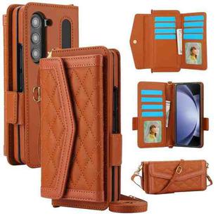 For Samsung Galaxy Z Fold6 Splicing Rhombic Texture Card Holder Phone Case with Lanyard, Not Included Pen(Brown)