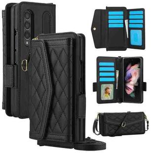 For Samsung Galaxy Z Fold4 Splicing Rhombic Texture Card Holder Phone Case with Lanyard, Not Included Pen(Black)