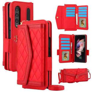 For Samsung Galaxy Z Fold4 Splicing Rhombic Texture Card Holder Phone Case with Lanyard, Not Included Pen(Red)