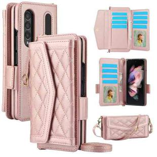 For Samsung Galaxy Z Fold4 Splicing Rhombic Texture Card Holder Phone Case with Lanyard, Not Included Pen(Rose Gold)