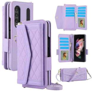 For Samsung Galaxy Z Fold4 Splicing Rhombic Texture Card Holder Phone Case with Lanyard, Not Included Pen(Purple)