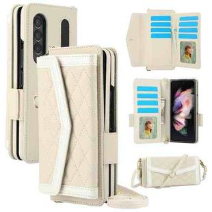 For Samsung Galaxy Z Fold3 5G Splicing Rhombic Texture Card Holder Phone Case with Lanyard, Not Included Pen(Beige)