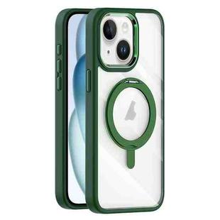 For iPhone 15 Plus Transparent MagSafe Magnetic Rotating Holder Phone Case(Dark Green)