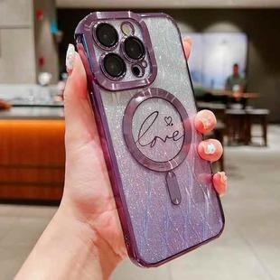For iPhone 15 Pro Magsafe Dual-Love Leaves Gradient Glitter TPU Phone Case(Purple)