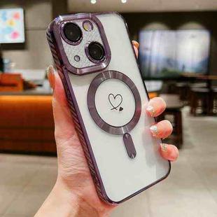 For iPhone 14 Plus Magsafe Loves Carbon Fiber Clear Plated TPU Phone Case(Purple)