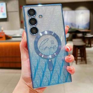 For Samsung Galaxy S25 5G Dual-Love Leaves Gradient Glitter MagSafe TPU Phone Case(Blue)