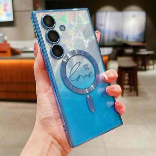 For Samsung Galaxy S25+ 5G Dual-Love Feather Gradient Glitter MagSafe TPU Phone Case(Blue)