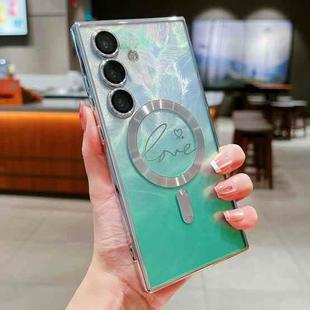 For Samsung Galaxy S25+ 5G Dual-Love Feather Gradient Glitter MagSafe TPU Phone Case(Green)