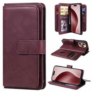 For iPhone 16 Pro Multi-Function Wallet 10 Card Slots Leather Phone Case(Claret)