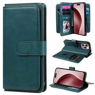 For iPhone 16 Pro Multi-Function Wallet 10 Card Slots Leather Phone Case(Dark Green)