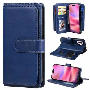 For iPhone 16 Multi-Function Wallet 10 Card Slots Leather Phone Case(Dark Blue)