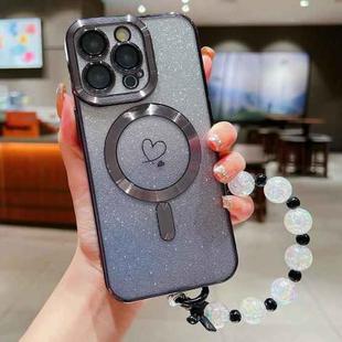 For iPhone 15 Pro Max Loves Gradient Glitter Bracelets Carbon Fiber Magsafe TPU Phone Case(Black)