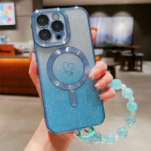 For iPhone 15 Pro Max Loves Gradient Glitter Bracelets Carbon Fiber Magsafe TPU Phone Case(Blue)