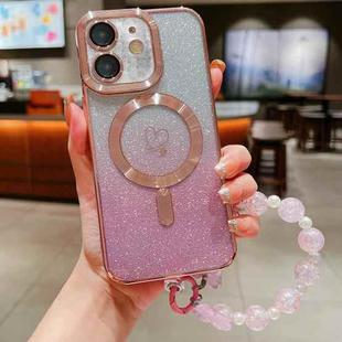 For iPhone 11 Loves Gradient Glitter Bracelets Carbon Fiber Magsafe TPU Phone Case(Pink)