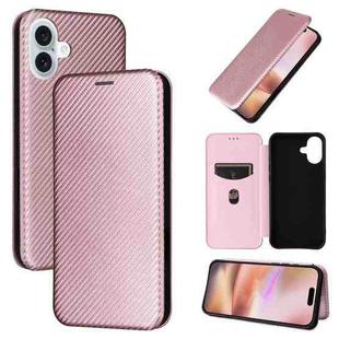 For iPhone 16 Carbon Fiber Texture Flip Leather Phone Case(Pink)