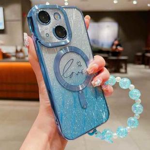 For iPhone 15 Dual-Love Leaves Gradient Glitter Bracelets Magsafe TPU Phone Case(Blue)