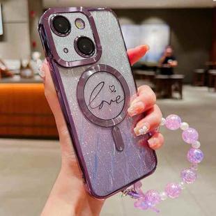 For iPhone 15 Dual-Love Leaves Gradient Glitter Bracelets Magsafe TPU Phone Case(Purple)