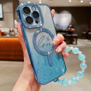 For iPhone 14 Pro Dual-Love Leaves Gradient Glitter Bracelets Magsafe TPU Phone Case(Blue)