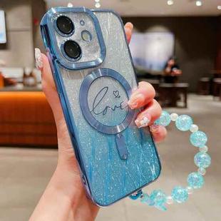 For iPhone 11 Dual-Love Leaves Gradient Glitter Bracelets Magsafe TPU Phone Case(Blue)
