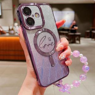 For iPhone 16 Plus Dual-Love Leaves Gradient Glitter Bracelets Magsafe TPU Phone Case(Purple)