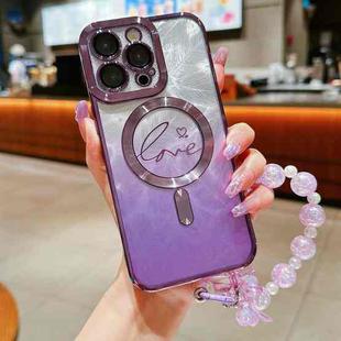 For iPhone 15 Pro Max Dual-Love Feather  Gradient Glitter Bracelets Magsafe TPU Phone Case(Purple)