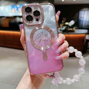 For iPhone 15 Pro Dual-Love Feather  Gradient Glitter Bracelets Magsafe TPU Phone Case(Pink)
