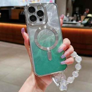 For iPhone 11 Pro Max Dual-Love Feather  Gradient Glitter Bracelets Magsafe TPU Phone Case(Green)